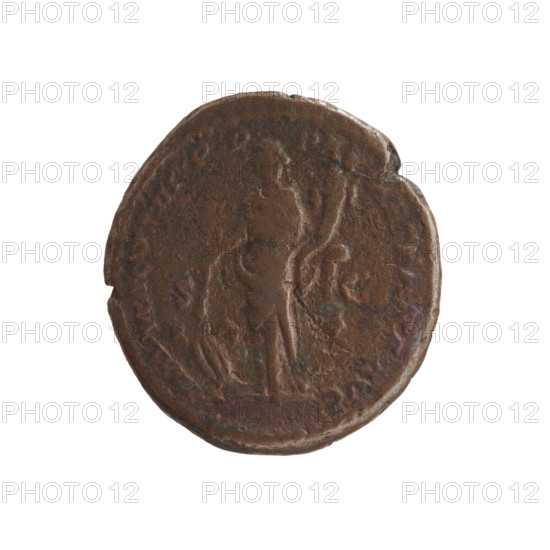Obverse: Head of Marcus Aurelius with a laurel wreath facing right, inscription INVS AVG - GER, RM TR P XXXI all around. Reverse: Pax stands frontally, head turned to the left; in his left hand he holds a cornucopia, in his right a torch with which he lights a pile of weapons, inscription IMP VIII COS III PP - PAX AETERNA AVG all around; in SC fields. Date: 176–177. Culture/place: Roman Empire, Rome. Object type: coin. Material: (not specified). Measurements: diameter 23.5–26.0 mm, weight 9.15 g, axis 0°. Maker/issuer: Marcus Aurelius (121–180; Roman emperor 161–180). Iconography: personifications, cornucopias, torches, weapons, Pax.