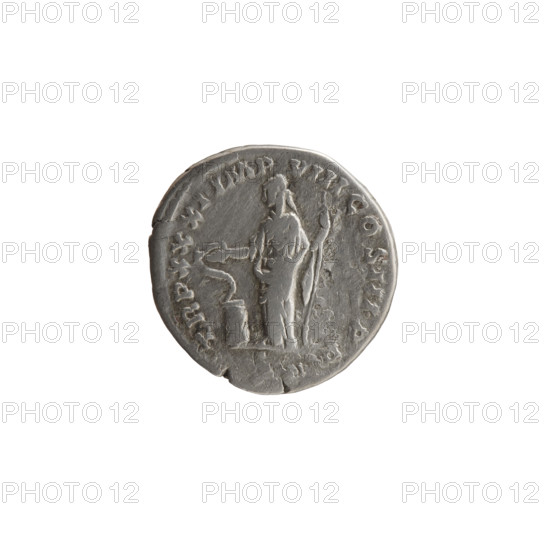 Denarius of Marcus Aurelius (121–180; Roman Emperor 161–180). Obverse: Head of Marcus Aurelius in laurel wreath facing right, inscription M ANTONINVS AVG - GERM SARM (circumferential). Reverse: Salus standing left, holding a long scepter in his left hand and a patera above an altar with a snake coiled around it in his right hand, inscription TR P XXXI IMP VIII COS III PP (circumferential). Date: 176–177. Roman Empire; Rome. Coin. Diameter 17.5 mm; weight 3.37 g; axis 0°.