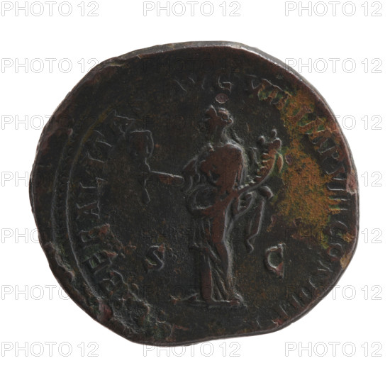 Sestertius of Marcus Aurelius (121–180; Roman emperor 161–180). Obverse: Head of Marcus Aurelius with laurel wreath facing right, inscribed M ANTONINVS - GERM SARM TR P XXX. Reverse: Liberalitas standing left, holding an abacus in his right hand and a cornucopia in his left, inscribed LIBERALITAS AVG VII IMP VIII COS III PP, with SC in fields. Date: 176–177. Roman Empire (27 BC–476). Coin; diameter 30.0–33.0 mm, weight 26.17 g, axis 180°. Attributes/personifications: abacus, Liberalitas; iconography: Marcus Aurelius.