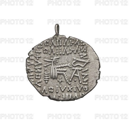 drachma of Vologases I (51–79), obverse: bust of Vologases I wearing a diadem, king facing left; reverse: Arsakes I seated on a throne facing right, holding a bow, monogram below the bow; coin bears an eye motif. Parthian Kingdom (Parthia), Seleucia on the Tigris, Iran. Coin, diameter 18.0 × 20.0 mm, weight 3.75 g.