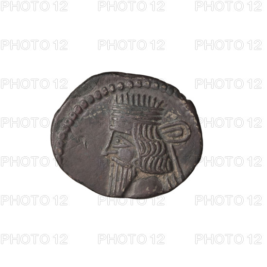 Drachma, Vologases I (51–79). Obverse: bust of Vologases I wearing a diadem, king facing left. Reverse: Arsakes seated on a throne, facing right, holding a bow in his hands; monogram below the bow. Parthian Kingdom, Seleucia on the Tigris, Iran. Coin, diameter 17.0–20.0 mm, weight 3.70 g.