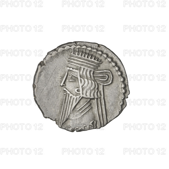 Drachma, Vologases I (51–79). Obv.: bust of Vologases I wearing a diadem, face turned to the left. Rev.: Arsakes seated on a throne, turned to the right, holding a bow, monogram below the bow. Parthian Kingdom, Seleucia on the Tigris, ca. 51–79. Coin; dia. 19.0–20.0 mm, weight 3.75 g.