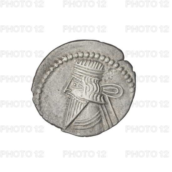 Drachma, Vologases I (51–79). Obverse: bust of Vologases I wearing a diadem, facing left. Reverse: Arsakes seated on a throne, facing right, holding a bow in his hands; monogram below the bow. Parthian Kingdom (Seleucia on the Tigris), ca. 51–79. Coin; diameter 20.0–21.0 mm, weight 3.72 g.