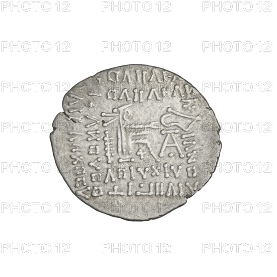Drachma of Vologases I (r. 51–79). Obverse: bust of Vologases I wearing a diadem, king facing left. Reverse: Arsakes seated on a throne, facing right, holding a bow, monogram below the bow. Parthian Kingdom, Seleucia on the Tigris (Iran). Coin, diameter 20.0–21.0 mm, weight 3.72 g.