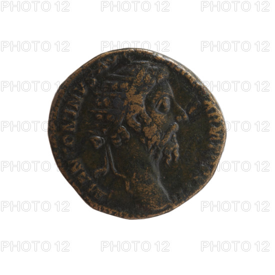 dupondius of Marcus Aurelius (121–180; Roman emperor 161–180), issuer Marcus Aurelius; obverse: head of Marcus Aurelius in radiant crown facing right, inscription 'M ANTONINVS AVG'; reverse: two Germanic prisoners sitting under a trophy — on the right a woman, on the left a man with his hands tied behind his back, inscriptions 'IM, COS III PP'; legend includes 'ARM TR P XXXI' (obverse) and 'DE GERM' section; date c. 176–177; Roman Empire; Rome; coin; diameter 25.0 mm; weight 12.75 g; axis 0°.