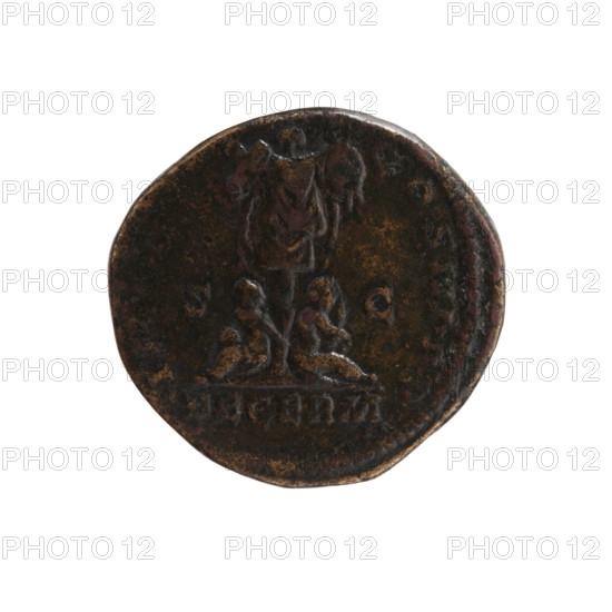Dupondius of Marcus Aurelius (121–180; Roman emperor 161–180), obverse: head of Marcus Aurelius in radiant crown facing right, legend M ANTONINVS AVG; reverse: two Germanic prisoners seated under a trophy — on the right a woman, on the left a man with hands tied behind his back, legend IM, COS III PP. DE GERM section; fields S - C. Date: 176–177. Roman Empire (27 BC–476), Rome. Coin; diameter 25.0 mm; weight 12.75 g; axis 0°.