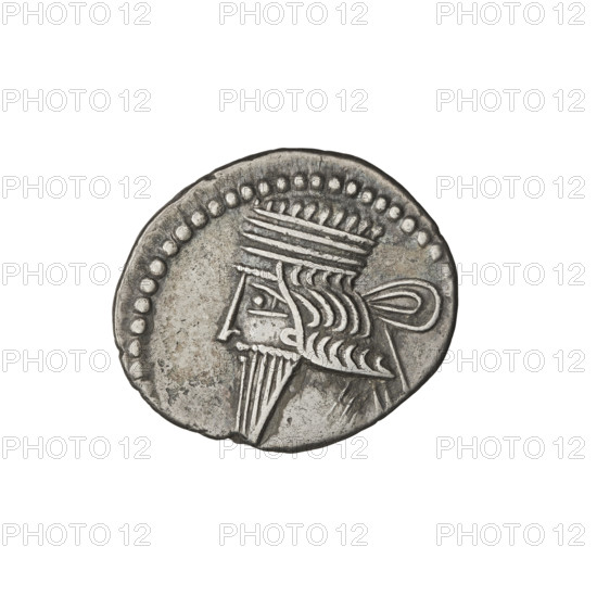 Drachma of Vologases I (51–79). Obverse: bust of Vologases I wearing a diadem, king facing left. Reverse: Arsakes seated on a throne facing right, holding a bow, monogram below the bow. Parthian Kingdom, Seleucia on the Tigris, c. 51–79. Coin; diameter 18.0–20.5 mm, weight 3.69 g.