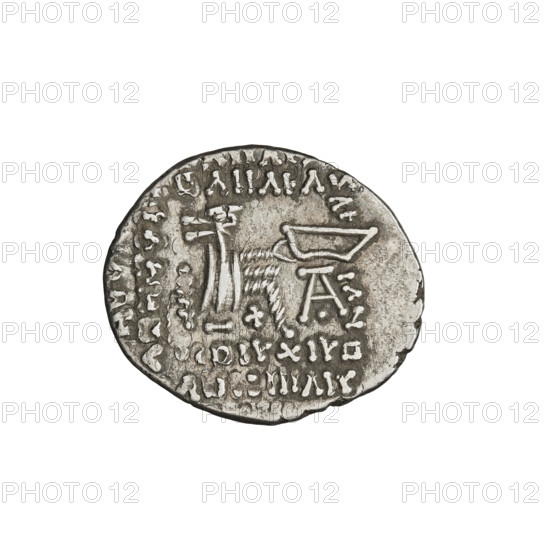 Drachma of Vologases I (51–79). Obverse: bust of Vologases I wearing a diadem, king facing left. Reverse: Arsakes seated on a throne facing right, holding a bow, monogram below the bow. Parthian Kingdom, Seleucia on the Tigris, Iran. Coin; dia. 18.0–20.5 mm, weight 3.69 g.