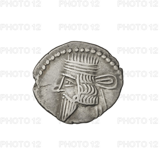 Drachma of Vologases I (51–79). Obverse: bust of Vologases I wearing a diadem, king facing left. Reverse: Arsakes seated on a throne facing right, holding a bow, monogram below the bow. Parthian Kingdom, Iran. Coin. Diameter 18.0–20.0 mm; weight 3.67 g.