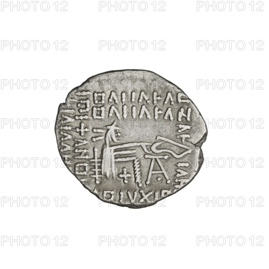 Drachma, Vologases I (51–79). Obverse: bust of Vologases I wearing a diadem, king facing left. Reverse: Arsakes seated on a throne facing right, holding a bow, monogram below the bow. Parthian Kingdom, Iran. Coin, diameter 18.0 × 20.0 mm, weight 3.67 g.