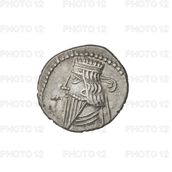 Drachma, Vologases I (51–79). Obverse: bust of Vologases I wearing a diadem, facing left. Reverse: Arsakes I (Arsaces I, King of the Parthians; ca. 247–217 BC) seated on a throne facing right, holding a bow, monogram below the bow. Parthian Kingdom, Iran; mint. Coin. Diameter 18.0–19.0 mm; weight 3.45 g.