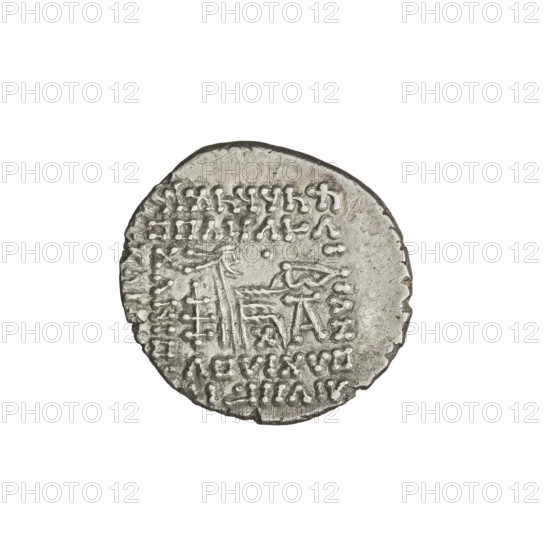 Drachma, Vologases I (51–79). Obverse: bust of Vologases I wearing a diadem, king facing left. Reverse: Arsakes seated on a throne, facing right, holding a bow in his hands; monogram below the bow. Arsakes I (King of Parthians; ca. 247–217 BC) — iconography, diadems, Parthian Kingdom, Iran. Mint: Parthia. Coin. Diameter 18.0 × 19.0 mm; weight 3.45 g.