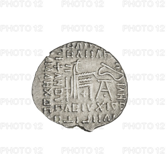 Drachma of Vologases I (51–79). Obverse: bust of Vologases I facing left, wearing a diadem, with a long beard, in a decorated robe. Reverse: Arsakes seated on a throne facing right, holding a bow, monogram below the bow. Parthian Kingdom, Iran. Coin; diameter 19.0–20.0 mm; weight 3.58 g.