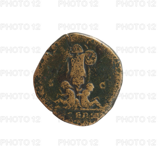 Dupondius of Marcus Aurelius (121–180; emperor 161–180), obverse: head of Marcus Aurelius in radiant crown facing right, inscription around; reverse: two Germanic prisoners seated under a trophy — a woman on the left and a man on the right with his hands tied behind his back, inscription around. Roman Empire, struck 176–177. Coin; bronze; diameter ~21–22 mm, weight 9.80 g, axis 345°.