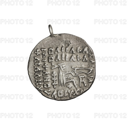 Drachma of Vologases I (51–79). Obverse: bust of Vologases I wearing a diadem, king facing left. Reverse: Arsakes I seated on a throne facing right, holding a bow, monogram below the bow. Coin fitted with an eyelet. Parthian Kingdom, Iran. Mint unknown. Coin; diameter 18.0 × 19.0 mm, weight 3.60 g.