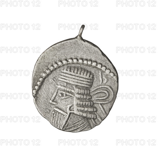 Drachma of Vologases I (51–79 CE). Obverse: bust of Vologases I wearing a diadem, facing left. Reverse: Arsakes seated on a throne, facing right, holding a bow; monogram below the bow. Coin has an eyelet. Parthian Kingdom, Iran. Mint. Coin diameter 19.0–21.0 mm; weight 3.40 g.