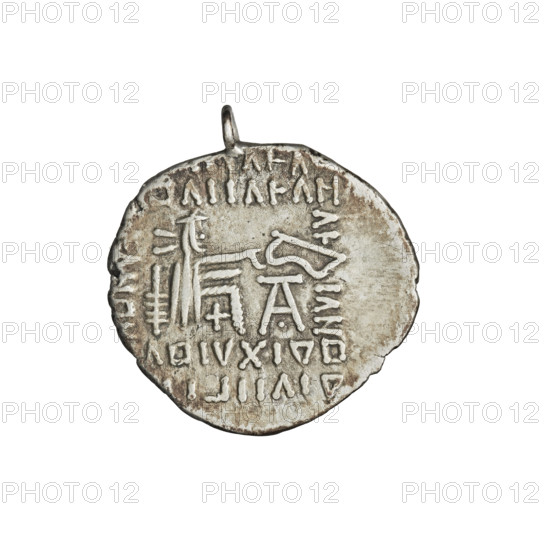 Drachma of Vologases I (51–79 CE). Obverse: bust of Vologases I wearing a diadem, king facing left. Reverse: Arsakes seated on a throne facing right, holding a bow, monogram below the bow. Coin with an eyelet. Parthian Kingdom, Iran. Coin; diameter 19.0–20.0 mm, weight 3.45 g.