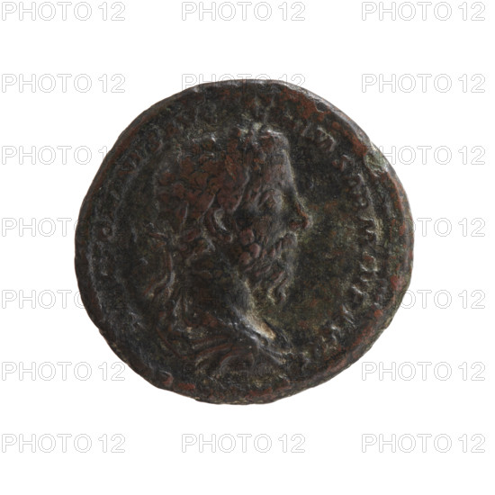 Bust of Marcus Aurelius in laurel wreath, armor and drapery facing right, inscription 'M ANTONINVS AVG'; reverse: Pax stands frontally, head turned left, holding a cornucopia in her left hand and a torch in her right with which she lights a pile of weapons, inscriptions 'IMP VIII COS III PP' and 'PAX AETERNA AVG' in SC fields; dated 176–177, Roman Empire, Rome; coin, diameter 25.0–26.0 mm, weight 10.70 g, axis 0°.