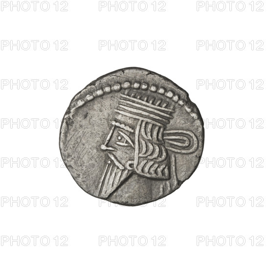 Drachma of Vologases I (51–79). Obverse: bust of Vologases I wearing a diadem, facing left. Reverse: Arsakes seated on a throne, facing right, holding a bow; monogram below the bow. Parthian Kingdom, Iran. Coin; diameter 18.0–19.0 mm, weight 3.25 g.