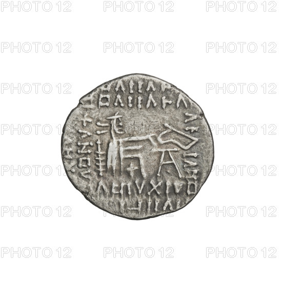 Drachma of Vologases I (51–79). Obverse: bust of Vologases I wearing a diadem, king facing left. Reverse: Arsakes I (Arsakes I, King of Parthians, ca. 247–217 BC) seated on a throne facing right, holding a bow, monogram below the bow. Parthian Kingdom, Iran. Coin; diameter 18.0–19.0 mm, weight 3.25 g.