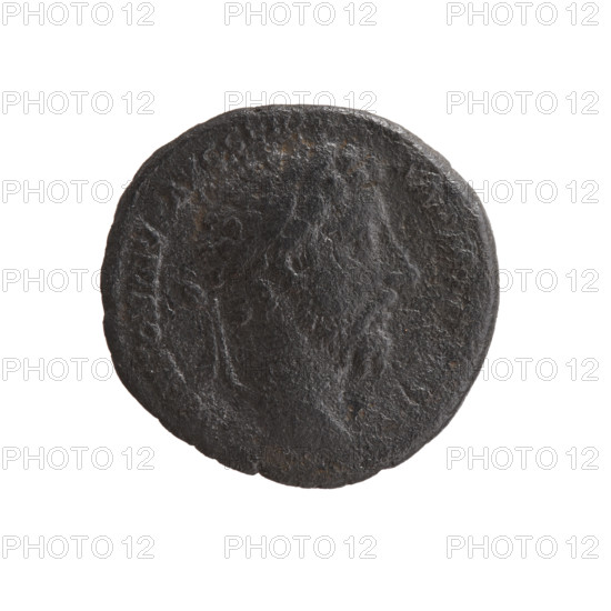 Obverse: Head of Marcus Aurelius with laurel wreath facing right, inscription NTONINV, AVG GER, - SARM, all around. Reverse: Ship sailing to the right with four rowers; at the helm Neptune standing right, holding a trident and a dolphin, inscription IM, all around, FELICITATI, PP above ship, in fields S -, 176–177. Bronze coin, Roman Empire (27 BC–476), Rome; diameter 24.0–25.0 mm, weight 9.12 g, axis 0°.