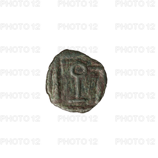 Bronze coin of Vologases I (51–79). Obverse: bust of Vologases I wearing a diadem, facing left. Reverse: symbol (religious?) in a square. Parthian Kingdom (Parthia), Iran. Coin diameter 12.0–12.5 mm, weight 0.95 g.