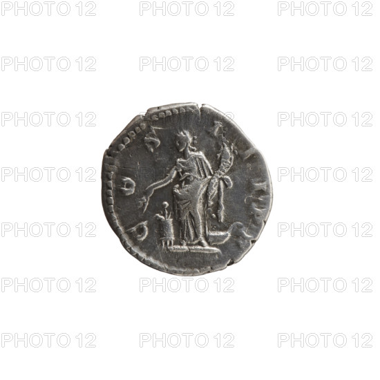 Denarius, Marcus Aurelius (121–180; Roman emperor 161–180), issuer; obverse: Head of Marcus Aurelius in a laurel wreath facing right, inscription M ANTONI - NVS AVG; reverse: Annona standing left, holding ears of corn in her right hand above a container (modius) and a cornucopia in her left hand above the prow of a ship, inscription C OS - I - II PP; iconography: ears of corn, Annona (personification), personifications, ships, modius, cornucopia (attribute); date: 176–180; culture: Roman Empire (27 BC–476), Rome; coin; diameter 17.0–18.5 mm; weight 3.10 g; axis 180 degrees.