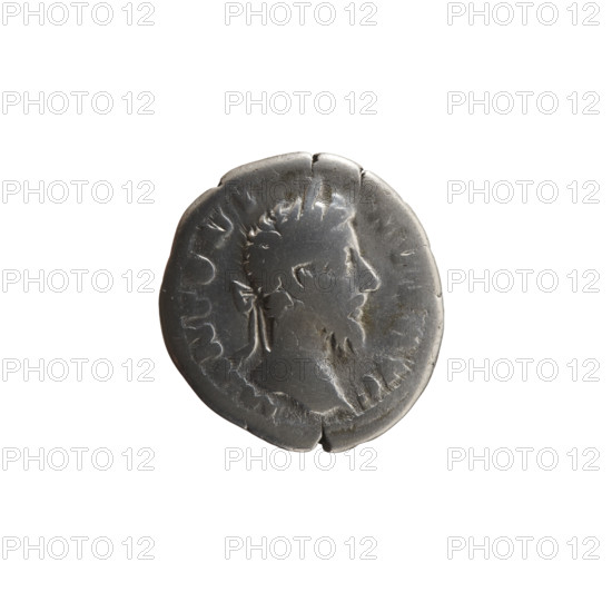 Denarius of Marcus Aurelius (121–180; Roman emperor 161–180). Obverse: head of Marcus Aurelius in a laurel wreath facing right, inscription M ANTONI-NVS AVG. Reverse: Minerva stands frontally, head turned left, holding a branch in her right hand, left hand resting on a shield and a spear standing on the ground; inscription C-OS-I-II PP. Dating: 176–180. Roman Empire (27 BC–476). Coin. Diameter: 18.0–19.0 mm. Weight: 3.15 g. Axis: 180°.