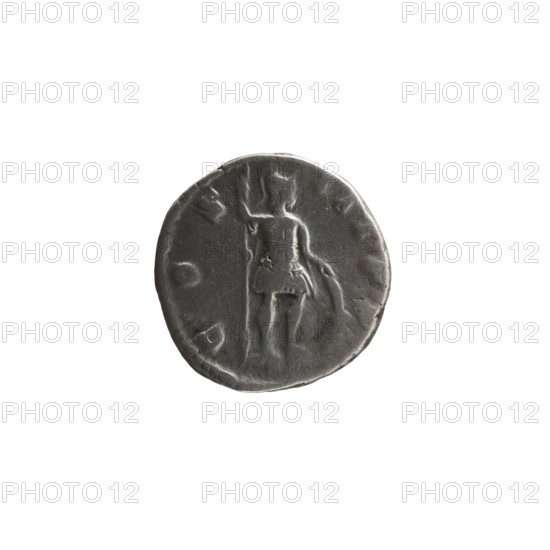 Denarius of Marcus Aurelius (121–180; Roman emperor 161–180). Obverse: Bust of Marcus Aurelius in laurel wreath, armor and cloak (paludamentum), facing right, inscription M ANTONI-NVS AVG. Reverse: Mars standing right, holding a spear in his right hand and resting his left hand on a shield standing on the ground, inscription C OS-III PP. Date: 176–180. Roman Empire (27 BC–476), minted in Rome. Coin: diameter 16.5 mm, weight 2.75 g, axis 0°. Subjects: Roman deities (Mars), iconography of Marcus Aurelius; motifs include spears and shields.