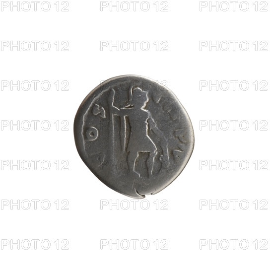 Denarius of Marcus Aurelius (121–180; Roman emperor 161–180). Oblong: head of Marcus Aurelius with laurel wreath facing right, inscription M ANTONI-NVS AVG; reverse: Mars standing right, holding a spear in his right hand and resting his left on a shield standing on the ground, inscription C OS - III PP. Date: 176–180. Roman Empire (27 BC–476), Rome. Coin: diameter 16.5–17.5 mm, weight 3.10 g, axis 0°.