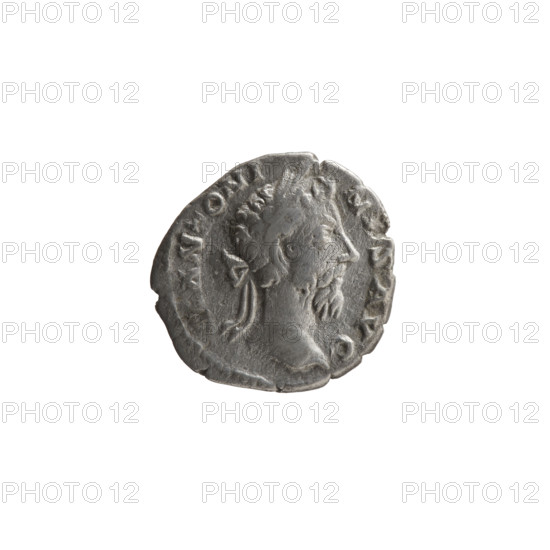 Denarius, Marcus Aurelius (121–180; Roman emperor 161–180), issuer; obverse: head of Marcus Aurelius in a laurel wreath facing right, inscription M ANTONI—N, S AVG all around; reverse: Salus sitting left, holding two ears of corn above a snake in his right hand, left hand on back of the seat, inscription OS—III PP all around; iconography: ears of corn, personifications, snakes, Salus, Marcus Aurelius; date 176–180; Roman Empire (27 BC–476); Rome; coin; diameter 17.0–17.5 mm; weight 2.85 g; axis 180 degrees.