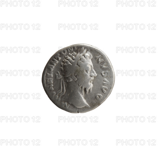 Denarius, Marcus Aurelius (121–180; Roman emperor 161–180), issuer; obverse: head of Marcus Aurelius with laurel wreath facing right, legend 'M · AVREL ANTONI · NVS AVG'; reverse: Mars standing right, holding a spear in his right hand, resting his left hand on a shield standing on the ground, legend 'C OS · III PP'; dated 176–180; Roman Empire; Rome; coin; diameter 17.0–17.5 mm; weight 2.95 g; axis 180°.