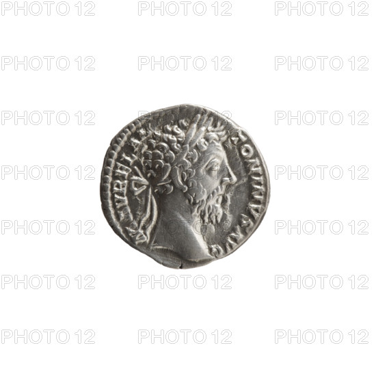 Denarius, Marcus Aurelius (121–180; Roman emperor 161–180), issuer. Obverse: Head of Marcus Aurelius with laurel wreath facing right, inscription 'M AVREL AN - TONINVS AVG'. Reverse: Mars standing right, holding a spear in his right hand, resting his left hand on a shield standing on the ground, inscription 'TR P XXXIII - IMP X COS III PP'. Date: 179. Culture: Roman Empire (27 BC–476), Rome. Object type: coin. Materials/measurements: diameter 16.5–17.0 mm, weight 3.10 g, axis 180°. Iconography: Mars; Roman deities; spears; shields; portrait of Marcus Aurelius.