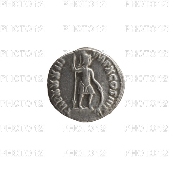 Denarius, Marcus Aurelius (121–180; Roman emperor 161–180), issuer. Obverse: Head of Marcus Aurelius with laurel wreath facing right, inscription M AVREL AN-TONINVS AVG. Reverse: Mars standing right, holding a spear in his right hand and resting his left hand on a shield standing on the ground, inscription TR P XXXIII–IMP X COS III PP. Date: 179. Culture: Roman Empire (27 BC–476). Place: Rome. Medium: Coin. Diameter: 16.5–17.0 mm. Weight: 3.10 g. Axis: 180 degrees.