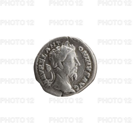 Denarius of Marcus Aurelius (121–180; Roman emperor 161–180), 179. Obverse: Head of Marcus Aurelius in a laurel wreath facing right, inscription 'M AVREL ANT - ONINVS AVG' around. Reverse: Salus seated left; in her right hand she holds two ears of corn above an altar with a snake wrapped around it, her left hand rests on the back of the seat, inscription 'TR P XXXIII I - MP X COS III PP' around. Iconography includes personifications, snakes, ears of corn, altars. Roman Empire (27 BC–476), Rome. Coin (denarius): diameter ~17.0–17.5 mm, weight 2.85 g, axis 180°.