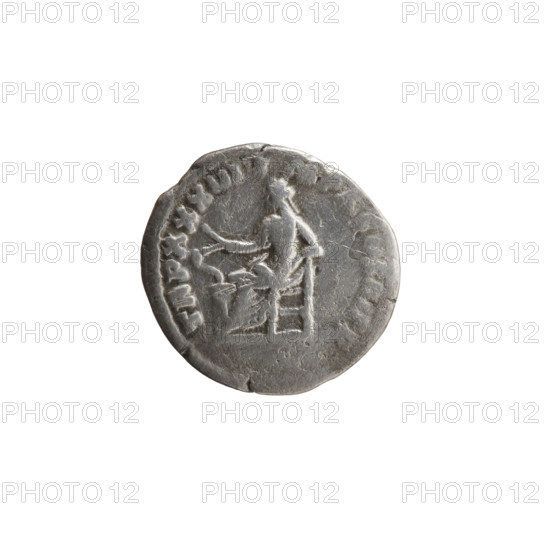 Denarius of Marcus Aurelius (121–180; Roman emperor 161–180), issued 179. Obverse: Head of Marcus Aurelius in a laurel wreath facing right, inscription M AVREL ANT - ONINVS AVG circumferential. Reverse: Salus seated left; in her right hand she holds two ears of corn above an altar with a snake wrapped around it, her left hand rests on the back of the seat, inscription TR P XXXIII I - MP X COS III PP circumferential. Iconography: personifications, snakes, Salus, ears of corn, altars. Roman Empire (27 BC–476), Rome. Coin: silver denarius, diameter ~17.0–17.5 mm, weight 2.85 g, axis 180°.