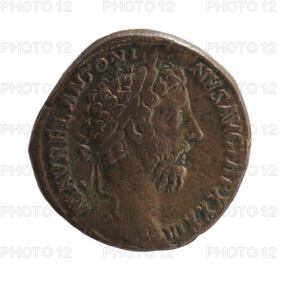 Sestertius of Marcus Aurelius (121–180; Roman emperor 161–180). Obverse: Head of Marcus Aurelius with laurel wreath facing right, inscription 'M AVREL ANTONI-NVS AVG TR P XXXIII' around. Reverse: Felicitas stands frontally, head turned left, holding a caduceus in her right hand and a long scepter in her left; inscription 'F V G - IMP X COS III PP' around, 'SC' in fields; dated 179. Roman Empire; Rome. Coin: diameter 30.0 mm, weight 22.25 g, axis 0°.