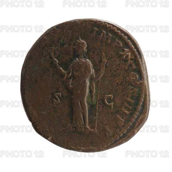 Sestertius of Marcus Aurelius (121–180; Roman emperor 161–180). Obverse: Head of Marcus Aurelius with laurel wreath facing right, inscription 'M AVREL ANTONI - NVS AVG TR P XXXIII'. Reverse: Felicitas stands frontally, head turned left, holding a caduceus in her right hand and a long scepter in her left, inscription 'IMP X COS III PP' with 'F' and 'VG' and 'in SC fields', dated 179. Roman Empire (27 BC–476), Rome. Coin; diameter 30.0 mm; weight 22.25 g; axis 0°.