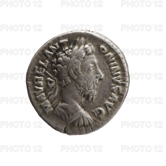 Denarius, Marcus Aurelius (121–180; Roman emperor 161–180), issuer: Marcus Aurelius; obverse: Bust of Marcus Aurelius in laurel wreath and armor facing right, inscription 'M AVREL ANT-ONINVS AVG'; reverse: Fortuna seated left, holding a rudder in her right hand and a cornucopia in her left, a wheel under the seat, inscription 'TR P XXXIIII IMP X COS III PP'; date: 179–180; Roman Empire (27 BC–476), Rome; coin: diameter 18.5–19.0 mm, weight 3.25 g, axis 15 degrees.