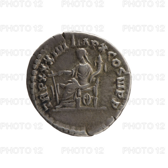Denarius, Marcus Aurelius (121–180; Roman emperor 161–180), issuer: Marcus Aurelius; obverse: bust of Marcus Aurelius in laurel wreath and armor facing right, inscription M AVREL ANT - ONINVS AVG; reverse: Fortuna seated left holding a rudder in her right hand and a cornucopia in her left, a wheel under the seat, inscription TR P XXXIIII IMP X COS III PP; dated 179–180; Roman Empire (27 BC–476), Rome; coin; diameter 18.5–19.0 mm; weight 3.25 g; axis 15°.