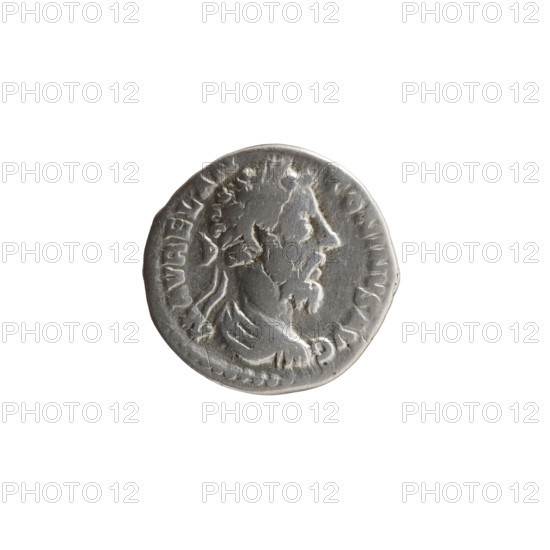 Denarius of Marcus Aurelius (121–180; Roman emperor 161–180), 179–180. Obverse: bust of Marcus Aurelius in laurel wreath and armor facing right, inscription M AVREL AN - TONINVS AVG. Reverse: Victoria standing on a globe facing left, holding a wreath in her outstretched right hand and a trophy in her left, inscription TRP XXXIIII IMP - X COS III PP. Roman deities; wreaths; globe attribute; trophies; iconography of Marcus Aurelius and Victoria. Roman Empire (27 BC–476). Coin; diameter 17.5 mm; weight 3.28 g; axis 0°.