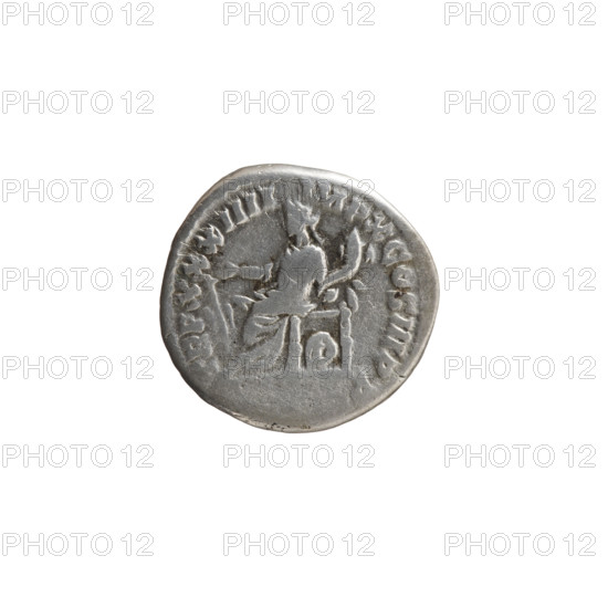 Denarius of Marcus Aurelius (121–180; Roman emperor 161–180). Obverse: Bust of Marcus Aurelius in laurel wreath, armor and cloak (paludamentum), facing right, inscription 'M AVREL AN-TONINVS AVG'. Reverse: Fortuna seated left, holding a rudder in her right hand and a cornucopia in her left, a wheel under the seat, inscription 'TR P XXXIIII - IMP X COS III PP'. Iconography: Fortuna, personifications, wheels, rudders, cornucopias. Date: 179–180. Culture: Roman Empire (27 BC–476). Object: coin (denarius). Diameter: 17.0–17.5 mm. Weight: 3.38 g. Axis: 180°.
