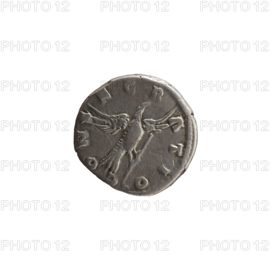 Denarius, Marcus Aurelius (121–180; Roman Emperor 161–180), posthumous issue for Commodus (161–192; Roman Emperor 177–192). Obverse: head of Marcus Aurelius without a cap to the right, inscription DIVVS MA NTONINVS PIVS. Reverse: eagle with spread wings flying right and upward, holding a scepter in its talons, inscription CONS ECR ATIO. After 180, Rome, Roman Empire (27 BC–476). Silver coin; diameter 17.5–18.5 mm, weight 3.52 g, axis 0°.