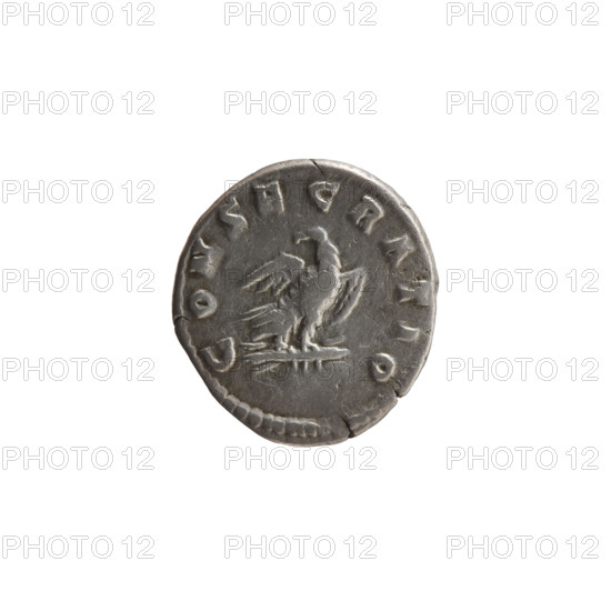 Denarius, posthumous issue honoring Marcus Aurelius (121–180) with Commodus (161–192) as issuer; obverse: head of Marcus Aurelius without a cap to the right, inscription DIVVS M AN - TONINVS PIVS around; reverse: eagle standing on a thunderbolt to the right, head turned left, inscription CONSECRATIO around; iconography includes eagle standing on a thunderbolt and thunderbolts; after 180 CE, Roman Empire (27 BC–476), Rome; coin; diameter 17.5–18.5 mm, weight 2.85 g, axis 0°.