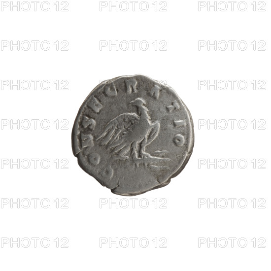 Denarius, Marcus Aurelius (121–180; Roman emperor 161–180), posthumously issued by Commodus (161–192; Roman emperor 177–192). Obverse: head of Marcus Aurelius, bare, facing right, legend DIVVS M AN- ONINVS PIVS all around. Reverse: eagle standing on a thunderbolt facing right, head turned left, legend CONSECRATIO circumferential. Iconography: Marcus Aurelius; eagle; thunderbolt. Date: after 180. Place: Rome, Roman Empire (27 BC–476). Medium: coin. Dimensions: diameter 16.5–17.5 mm; weight 2.85 g; axis 345°.