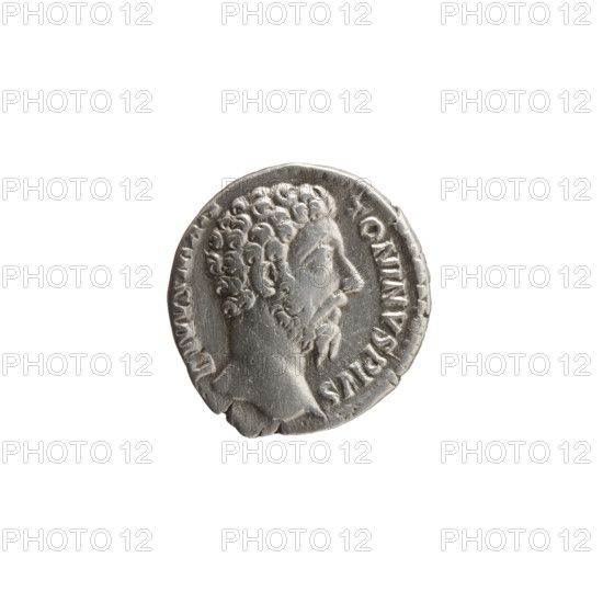 Denarius, after 180. Obverse: Head of Marcus Aurelius uncovered facing right, inscription DIVVS M AN - TONINVS PIVS. Reverse: Funeral pyre with four tiers, topped by a quadriga in which the emperor stands, inscription CONSE - CRATI. Issuer: Commodus (posthumous). Iconography: Marcus Aurelius; funeral pyre; emperor on quadriga. Roman Empire (27 BC–476), Rome. Coin; silver; diameter 17.0 mm; weight 3.23 g; axis 180°.