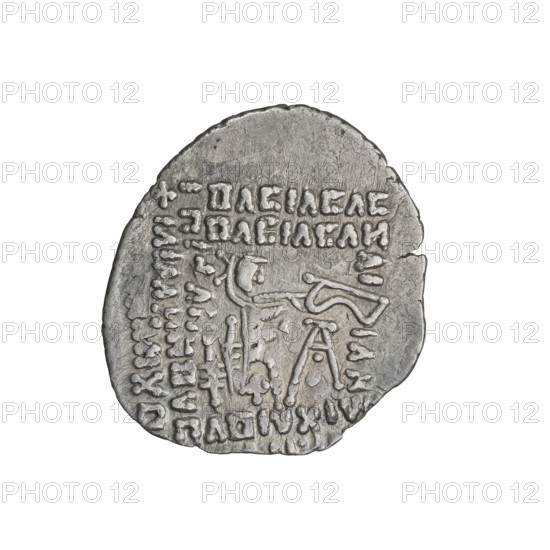 Drachma of Vardanes II (55–58). Obverse: frontal tiara-wearing head of Vardanes II with two stars beside the king. Reverse: Arsakes I seated on a throne facing right, holding a bow; monogram below the bow. Parthian Kingdom (Parthia), Ecbatana, Iran. Coin; diameter 21.0 × 23.0 mm; weight 3.62 g.