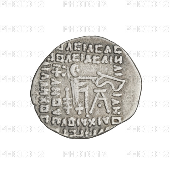 Drachma of Vardanes II (55–58), Parthian Kingdom, Iran. Obverse: frontal head of Vardanes II with two stars at the ruler's sides. Reverse: Arsakes seated on a throne facing right, holding a bow; monogram below the bow. Iconography includes bows, tiaras, stars. Attributed to Parthia, Ecbatana. Coin; diameter 18.0 × 20.0 mm, weight 3.70 g.