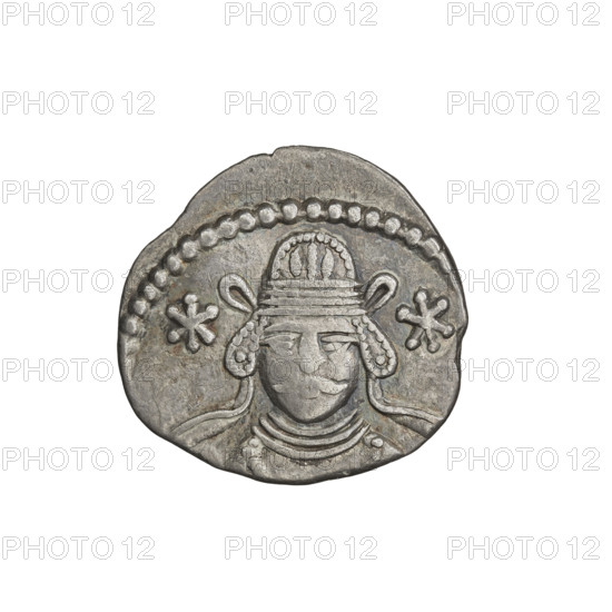 drachma, Vardanes II (55–58), bows (armed), stars, Parthian Kingdom, Iran. Obv.: head of Vardanes II in tiara frontally; stars at sides of the ruler. Rev.: Arsakes seated on a throne, facing right, holding a bow in his right hand; below the bow – monogram. Date: 55–58. Place: Ecbatana, Parthia (Iran). Coin: diameter 19.0–20.0 mm; weight 3.60 g.