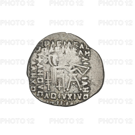 drachma, Vardanes II (55–58), bows (armed), stars, Parthian Kingdom, Iran. Obv.: head of Vardanes II in tiara frontally, flanked by stars. Rev.: Arsakes seated on a throne, facing right, holding a bow in his right hand; below the bow a monogram. Date: 55–58. Place: Ecbatana, Parthia (Iran). Coin: diameter 19.0–20.0 mm, weight 3.60 g.